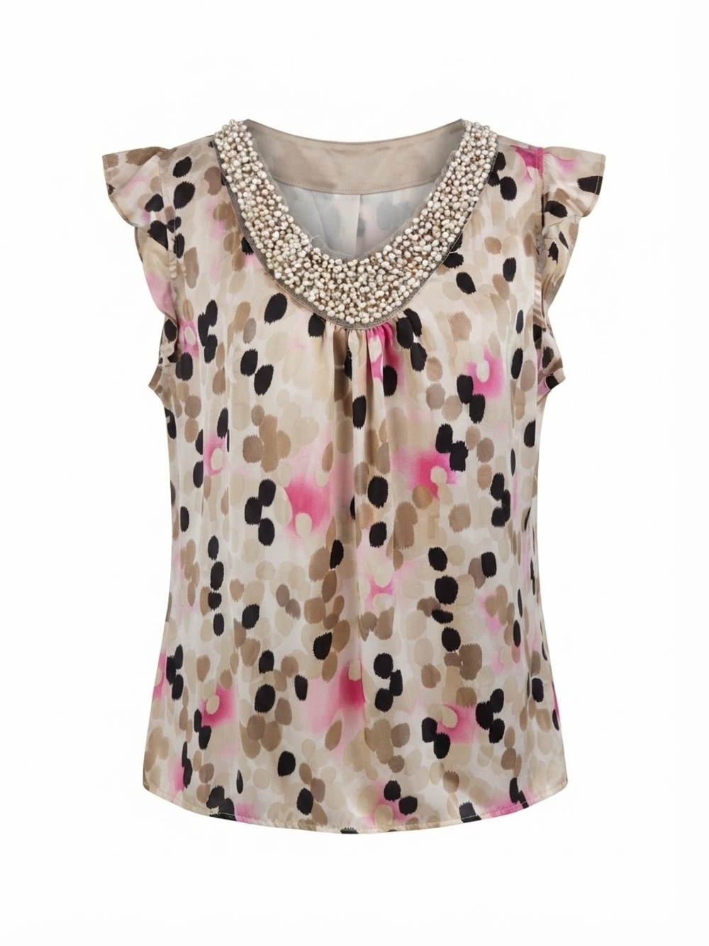 dressbarn Beaded-Neck Print Shell in Beige, Pink, Black